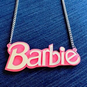 Costume Barbie Necklace Pink Plastic Backed Mirror “Barbie” Pendent